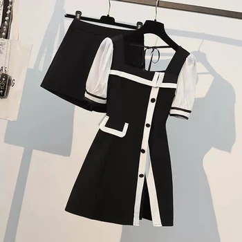 Sieviešu Vasaras divdaļīga Modes Īsām piedurknēm Sānu Spraugas Izšūšanas Dobu Gaisa Gara Kleita + Augsta vidukļa Bikses, Uzvalks