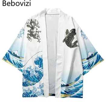 Sieviešu, Vīriešu Jaka Beach Yukata Āzijas Apģērbu Japāņu Vilnis Karpas Drukāt Tradicionālo Balto Kimono Lielgabarīta Cosplay Haori Obi