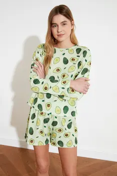 Sieviešu Zaļā Avokado Modelis Adīts Sleepwear Komplekts Blue Omlet Rakstu ar garām Piedurknēm Femme Divas Gabals Šorti Iestatīt Ikdienas Mājas Apģērbs Ir 2021. Jaunu Cute