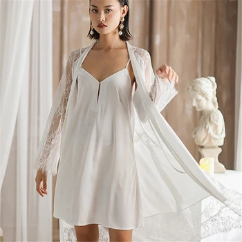Sleepwear 2020. gada rudenī jauns naktskrekls balta sexy linga mežģīņu nakts kleita divi-gabals elegants mājas pakalpojumu, elpojošs zīdaini drēbes