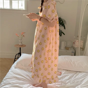 Smaidiņu Drukāt Vasaras Nakts Kleita Sievietēm Korejas O-Veida Kakla Īsām Piedurknēm Gadījuma Kokvilnas Sleepwear Ins Ruffles Kawaii Naktskrekls 2022