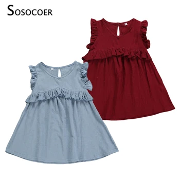 SOSOCOER Baby Girl Dress Vasaras tīrtoņa Krāsu Lidot Piedurknēm Bērnu Kleitas Modes Savirmot Toddler Bērniem Kleita Meiteņu Drēbes
