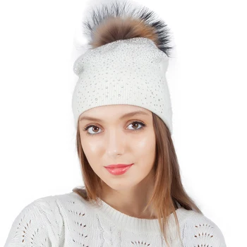 Spīd Rhinestone Cepures Sievietēm Silti Ziemas Kašmira Adīšanas Beanie Fox Pom Pom Sieviešu Cepures Skullies Beanies Jaunā Gada Dāvanu