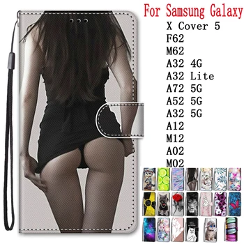 Sunjolly Samsung Galaxy X Cover 5 F62 M62 A32 4G Lite A72 A52 A32 5G A12 Flip Maciņš PU Tālruni Ādas Gadījumā Segtu coque capa