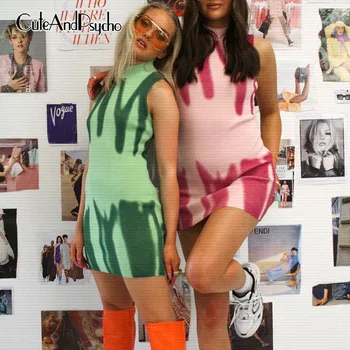 Tie Krāsu Drukas Trikotāžas Mini Kleitas bez Piedurknēm, Elegants Bodycon Sundresses Vakarā Beach Party Seksīgs Apģērbs 90. gadu Cuteandpsycho