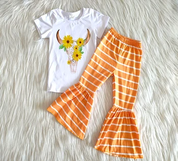 toddler meitene apģērbs pavasara saulespuķu rakstu un govs drukāts apģērbs, vairumtirdzniecība meitene boutique drēbes