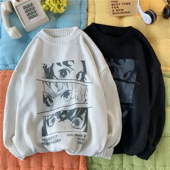 Trikotāžas Džemperis Vīriešiem Harajuku Slinks Stilu O-veida kakla Apkakli Gengar Modes Karikatūra Izdrukāt Džemperi Gadījuma Streetwear Džemperis Unisex