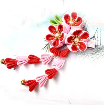 Tsumami Kanzashi Japāņu Stila Rozā Sarkanu Rožu Pušķi Sakura Ziedu Kimono Piederumu Tīrs Roku darbs Matu Klipu Pin Galvassegu HW041