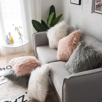 Tīru krāsu plīša ķēriens spilvendrāna, modernu un vienkāršu mākslīgās vilnas mājas mēbeļu dzīvojamā istabā dīvāns dekoratīvs spilvens, spilvendrāna