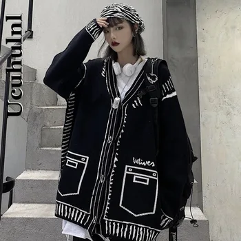 Ucuhulnl Korejas Ziemas Jauno Harajuku Stils, Vintage Džemperis Ar V-Veida Kakla Pilnu Piedurknēm Jaka Modes Grafiti Slinks Stila Vaļīgu Adījumu,