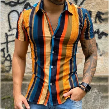 Vasaras Ikdienas Topi Masculina Modes Krāsains Svītrains Vīriešu Krekli Cilvēks Stilīgs Pogu Up Blūze Trendyol Vīriešiem Ar Īsām Piedurknēm Krekls