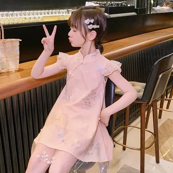 Vasarā Bērni Ķīniešu Stilā Cheongsam Drēbes Jaunas Modes Meitenēm Rozā Ziedu Izšuvumi Kleita, Kostīms Puse