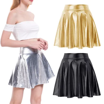 Vasarā, Dāmas, Mini Svārki Sieviešu faldas mujer moda ir 2021. Melnā Zelta Sudraba Atdarina Āda Spīdīga Īss Seksīgā Līnija Svārki VD1348