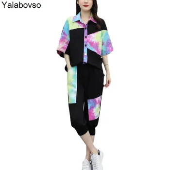 Vasarā Jaunu, Lielu Sieviešu Līmēšana Krāsas Džinsa Divas Gabals Ikdienas Tērps Modes Dāma Zaudēt Stilu Elastīgs Viduklis Tees Blūze