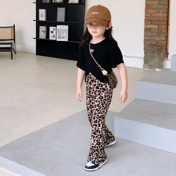 Vasarā Meitenes, 2 Gab. Komplekts Toddler T Krekls + Izlīdzināšanu Bikses Bērniem, Apģērbam, Bērnu Apģērbs, Bērnu Modes Apģērbu Leopard Vēstule 2-6Y