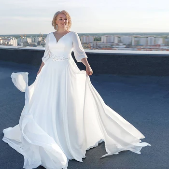 Vienkāršas Šifona Kāzu Kleita Līnijas 2022 Drēbes Femme Eleganta Kāzu Kleita Pusi Piedurknēm Beach Kāzu Kleitas Mežģīnes Augšu Atpakaļ