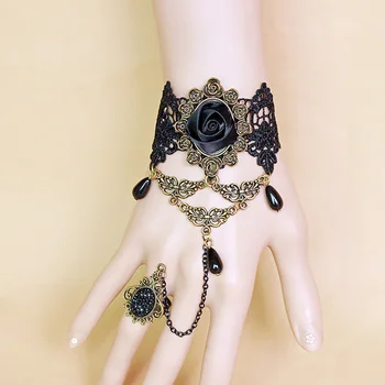Vintage Black Rose Mežģīņu Aproces Sievieti Meiteni Gothic Sakausējuma Pērlīšu Ziedu Pušķis Kristāla Saiti Pirkstu Ķēdes, Aproces Rotaslietas, Dāvanas