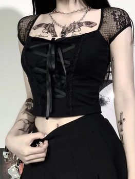 Vintage Topi Goth T-krekls Sievietēm Bodycon Pārsējs Mežģīnēm Melni T-krekli Gothic Streetwear Sexy Sieviete Top Gadījuma Acs Tee