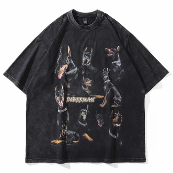 Vīrieši Lielgabarīta T Krekls Doberman Pinscher Iespiesti Vintage Mazgātas Īsām Piedurknēm Topi, t-veida, 2023 Vasaras Harajuku Streetwear T-krekls