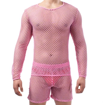 Vīrieši Sexy Milzīgais Acs Fishnet garām Piedurknēm T-krekli Dobi No Acs Krekli Vīriešu Bokseris Sexy Apakšveļa Muskuļu Slim Fit Vīriešu Apģērbu Komplekts