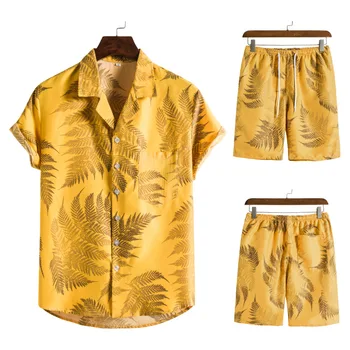 Vīriešu Īsām Piedurknēm Krekls un Bikses, Kostīmi Zīmola Dzeltena Ziedu Drukāt 2 Gabals, kas Krekls Vīriešiem Gadījuma Pogu Havaju Kreklu Komplekti