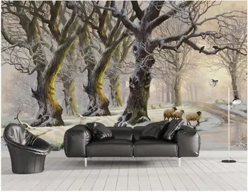 WDBH Custom sienas 3d foto tapetes, Eļļas glezna skaistu sniegu mežā, lielu koku dekori 3d sienu gleznojumi tapetes dzīvojamā istabā