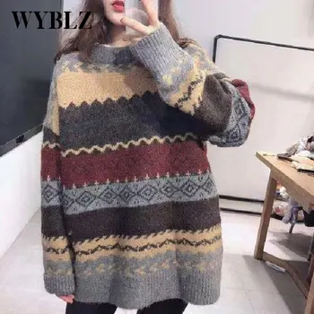 WYBLZ Sieviešu Vintage Džemperis Džemperi Ir 2021. Ziemā Silts Svītrainu Džemperi korejiešu Stilā, Irdenas Trikotāžas Tops Ikdienas Džemperis Femme