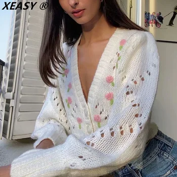 XEASY ir 2021. Sieviešu Modes Bēša Dobi Izšūti Trikotāžas jaka Vintage V Kakla Vienotā Krūtīm Sieviete Salds Adīt Džemperis