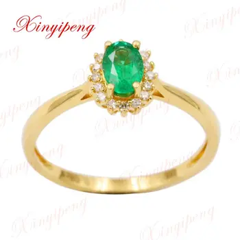 Xin yi peng 18 k dzeltenā zelta, inkrustēts dabas smaragds gredzenu sieviešu gredzens ar dimantu, 4 * 6 mm naudas sodu izsmalcinātu