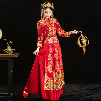 Xiuhe Retro Ķīniešu Kāzu Kleitu EmbroideryTraditional Cheongsam Vintage Red Formālu Kleita Qipao Sieviešu Orientālo Stilu Plus Lieluma