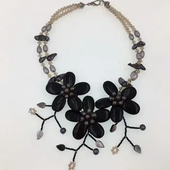 ziedu black agat-akmens un saldūdens pērļu krelles kaklarota 19inch weholesale krelles, dāvanu FPPJ