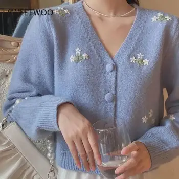 Ziedu Izšūti Trikotāžas Jaka Sievietēm 2022 Modes Džemperis Lielajam Vintage V Kakla Garām Piedurknēm Top Sieviešu Virsdrēbes Šiks Augšā