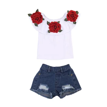 Ziedu Topi, T-krekli, Džinsa Karstā Bikses Apģērbs, Apģērbu Meitenes Jauno Modes Toddler Bērniem, Baby Meiteņu Apģērbu Komplekti