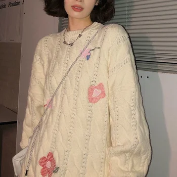 Ziemas Adīti Džemperi Džemperis Sievietēm Ziedu Siltu Saldo Džemperi, Topi, Sieviešu Ikdienas Korejas Modes Irdenas Trikotāžas Džemperis 2021