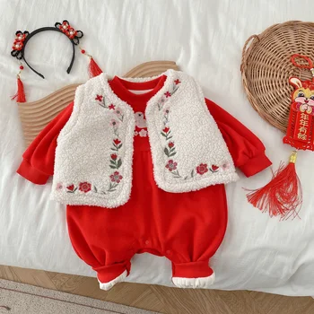 Ziemas Divu Gabals Baby Meiteņu Drēbes Ziemassvētku Meitenes Apģērbs Ziedu Izšuvumi Veste, Jaka Zīdaiņiem Un Siltu Vilnas Romper Toddler Uzvalks