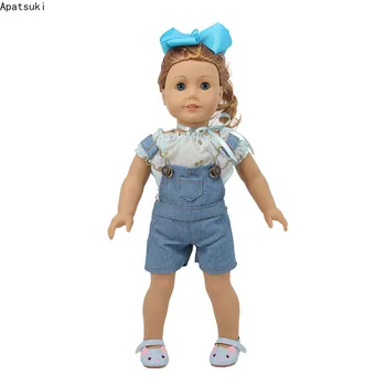 Zilā Lauku Ziedu Lelle Drēbes noteikti 43cm Bērnu Lelles Piederumi Top Džinsa Jumpsuit Tērpiem 18inch American Doll