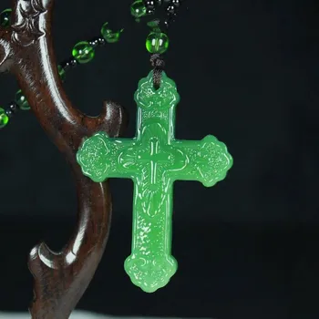 Ķīnas Dabas Green Jade Cross Kulons, Kaklarota, Roku cirsts Šarmu Jadeite Rotaslietas Modes Veiksmes Amuletu, Dāvanas Vīriešiem, Sievietēm