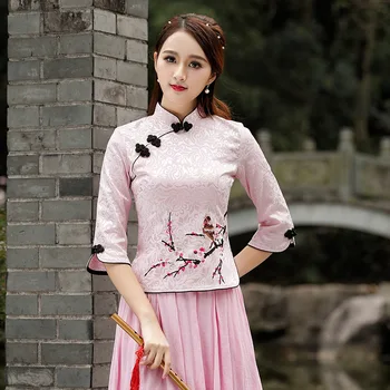 Ķīnas Modes Tang Uzvalks Top Krekli Sieviešu Vasaras Retro Kokvilnas Plūmju Izšūti Trīs-ceturtdaļu Piedurknēm Cheongsam Top Plus Izmērs 4XL