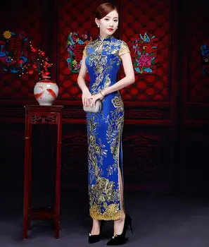 Ķīniešu Cheongsam Zilā Vizuļi Zelta Izšuvumi Sieviešu Skatuves Vakara Kleita, Spīdīga